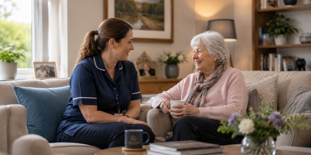 Care professional with a resident in a homely living room