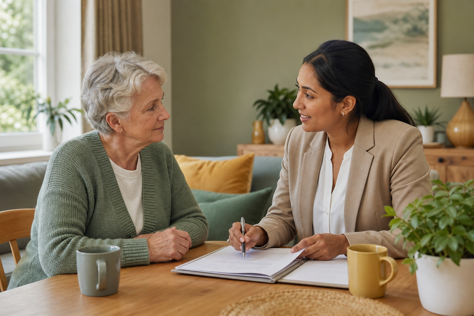 Support coordinator answering questions with an older adult